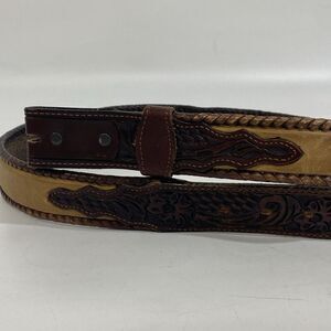 Vintage M & F Hand Tooled Leather Belt Floral Mexico Sz 42 Brown Two Toned READ